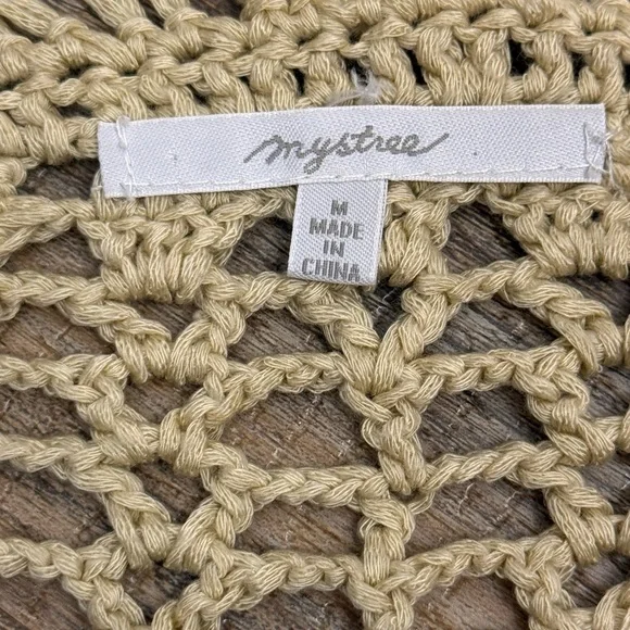 Mystree Boho Crochet Fringe Vest Open Knit Festival Duster Medium - Picture 2 of 6